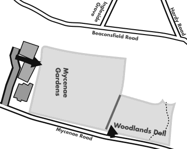 Map of Mycenae Gardens and the Woodlands Dell, bounded by Mycenae Road, Beaconsfield Road, Ingleside Grove and Hardy Road, with the two areas outlined and the entrances marked by arrows.