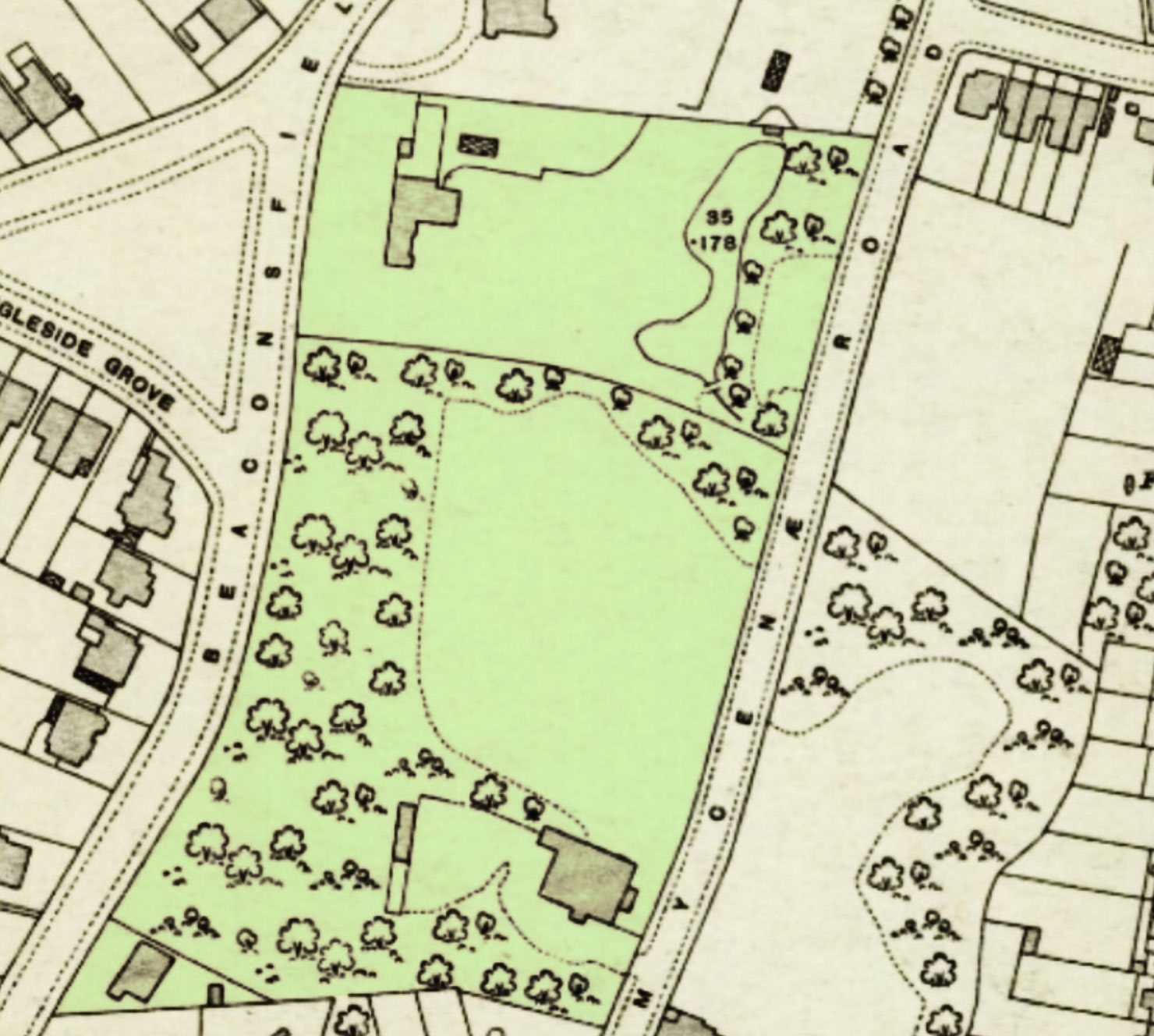 1914 Ordnance Survey map showing Woodlands between Beaconsfield Road and Mycenae Road