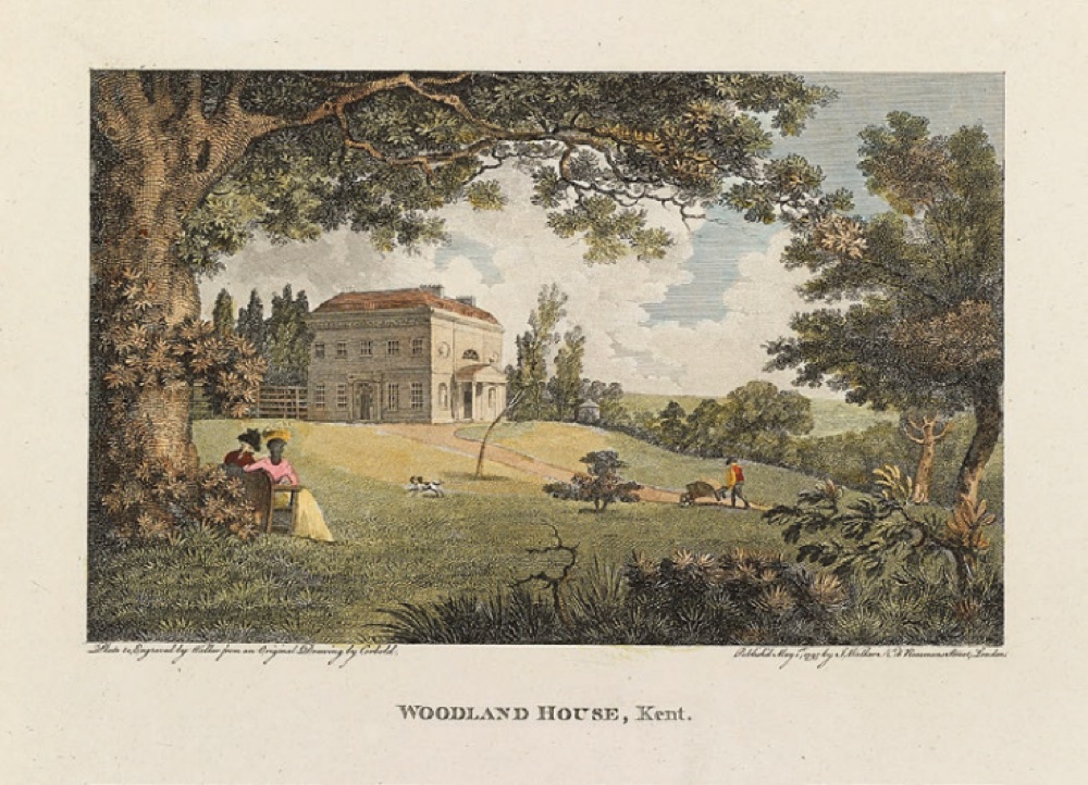 An eighteenth-century engraving of Woodland House, with a figure pushing a wheelbarrow in the grounds